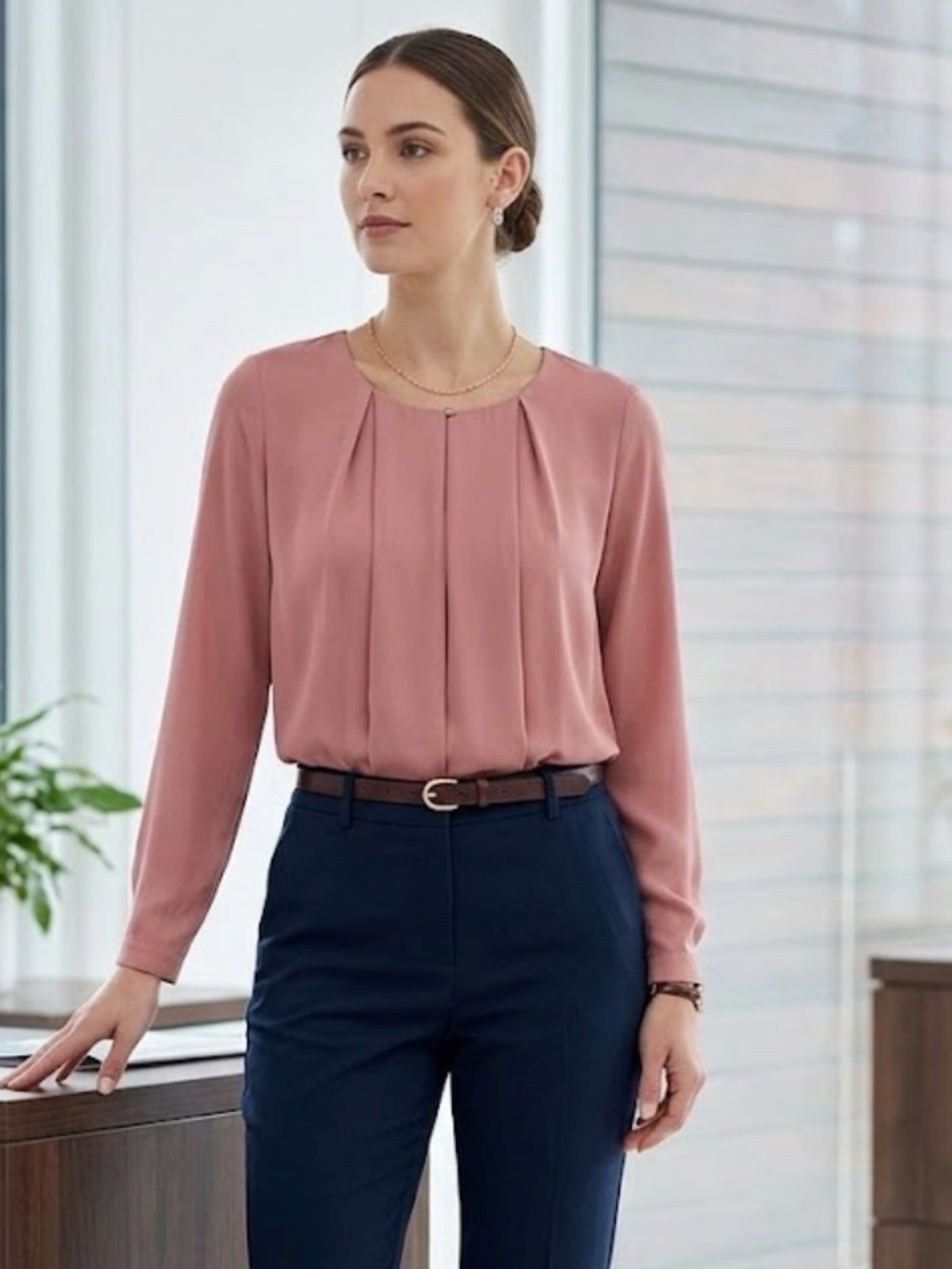 Francesca's Collections Dusty Rose Pleated Long-Sleeve Blouse
